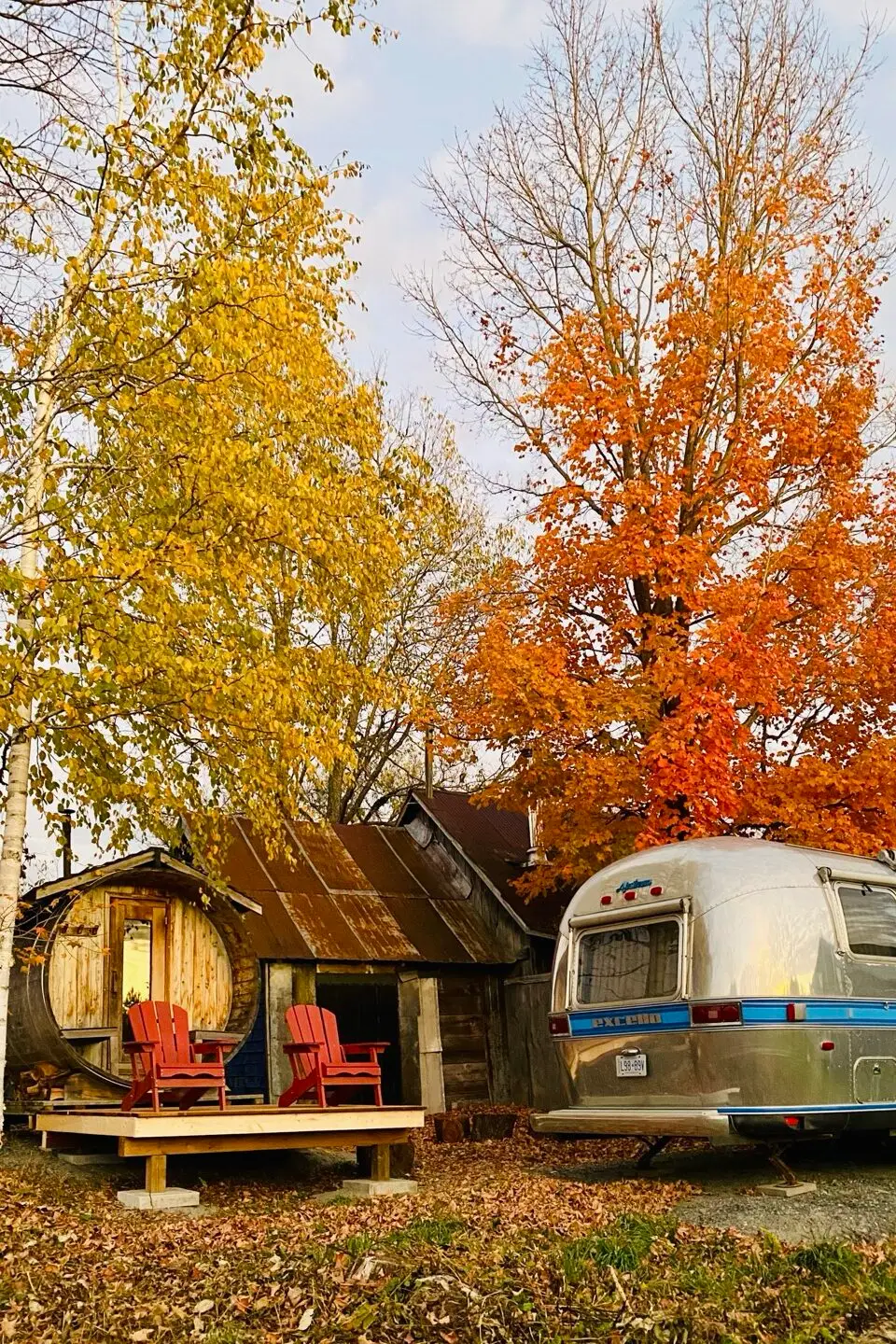 The Airstream trailer and wood-fired sauna beneath blazing orange and yellow autumn trees, with red Muskoka chairs out front